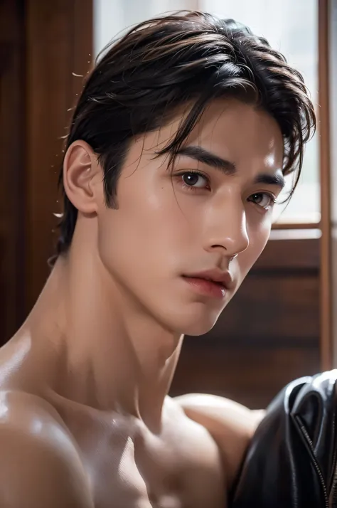 short detailed hair，naked upper body，musculature，black hair，serius face，handsome boys，