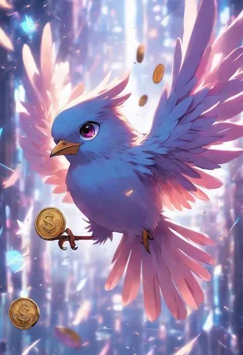 a small bird, same to the Twitter symbol, flying in a pure white space. Its feathers are purple. It is holding a small coin with text "SL" written on it.