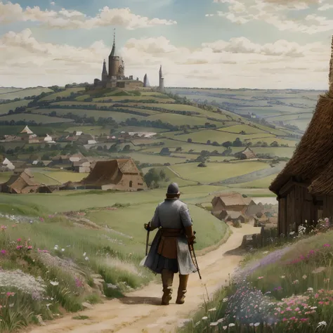 (medieval farmer walking to the medieval town), (daytime), (kingdom in the background in the foreground), (extremely detailed cg...