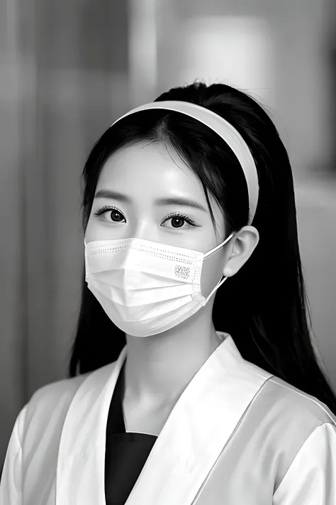 a black and white portrait of a nursing sister in a traditional áo dài style uniform with hygienic face mask from the 1950s