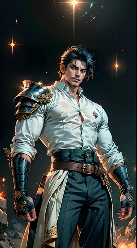 An elderly man with short dark blue hair, a fierce gaze, a wild toothy grin, a fantasy-style outfit of leather armor and a white shirt, a white chest armor with dark blue stripes on the edges, he holds a phantom dagger, dagger emitting a faintly green glow...