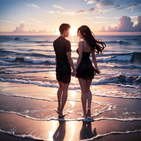 Silhouette of a sexy couples holding hands and ooking towards the beautiful open sea in the afternoon, beautiful sea with the waves, beautiful sky and clouds, romantice scene, 8k, printable