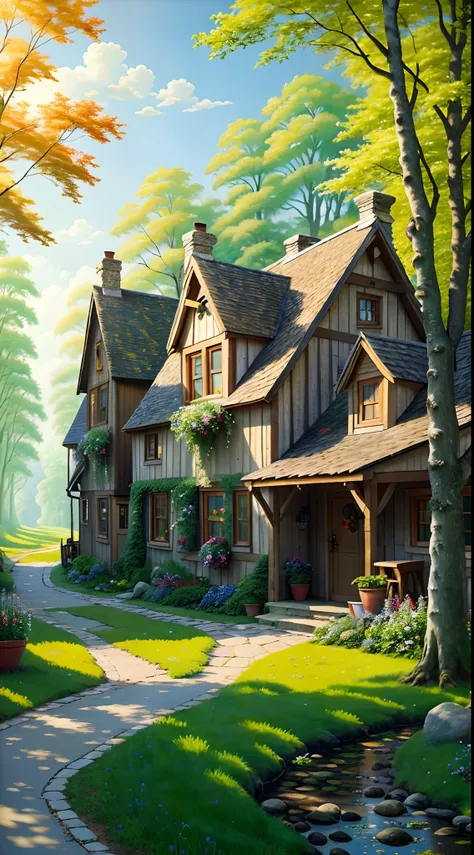 Produce an oil painting of a quaint, rustic village surrounded by dense, emerald-green woods, set under a clear, cerulean sky, where the play of dappled sunlight on quaint cottages and vibrant foliage creates a scene of timeless serenity and natural splend...