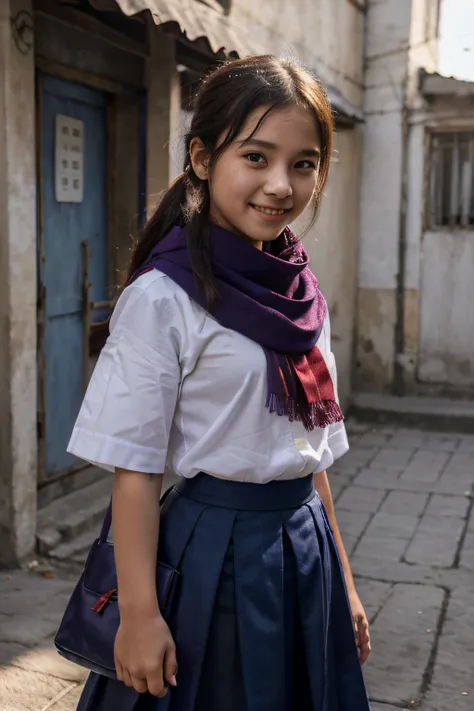 a girl about 12 year old, long dark blue skirt, white shirt, red scarf, cute light purple bag, a school in backgrond, the shine is so cute, the girl is smile, long skirt, she young, she from Vietnam