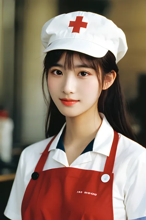 a color photo portrait of a nursing student in a white cap, button down dress uniform and red cross apron from the 1970s.