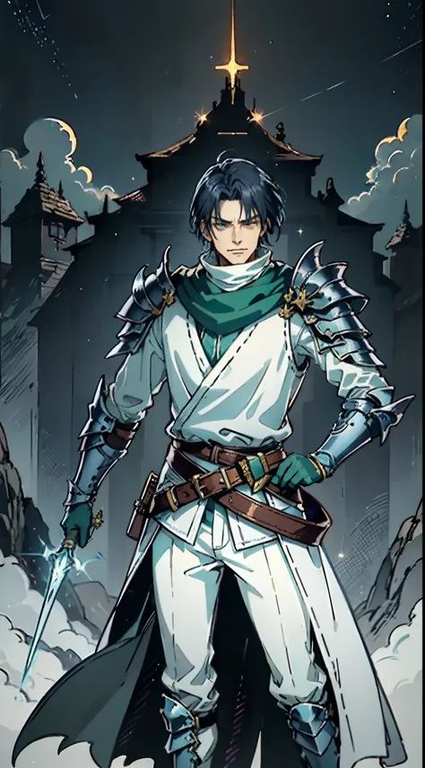 An elderly man with short dark blue hair, a fierce gaze, a wild toothy grin, a fantasy-style outfit of leather armor and a white shirt, a white chest armor with dark blue stripes on the edges, he holds a phantom dagger, dagger emitting a faintly green glow...