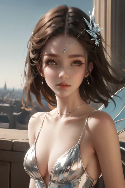 The fair fairy face is perfect, Light, Dressed in a dress，High-end cosmetics advertising Ultra detailed, Face brown eye shadow, facial features, brown hair --auto