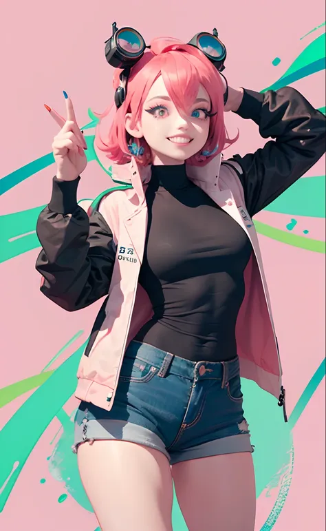 (Masterpiece, Best quality, A high resolution, Ultra detailed:1.2),Deepen finger detail， (Solo, 1girll, Cowboy shot), Dokumiku, double tails, mitts, goggles on head, multicolored hair, Pink eyelashes, Purple eyes, Green jacket, Break, grin, teeth, (Dynamic...