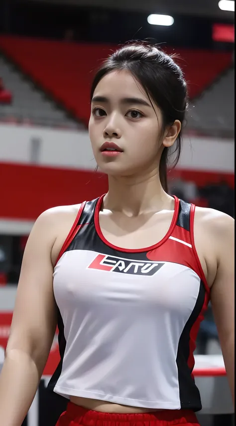 Masterpiece, best quality, high quality, 8k, UHD, Arafed a beautiful women, indoor stadium, solo, sport t-shirt, eyelid, white skin, black hair, (smaller eye:0.8), (fat:1.1), rawinda prajongjai, dark red singlet top, thailand