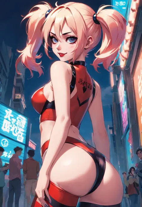 Harley Quinn、Full view of buttocks, beautiful legs, medium tits, Opening legs、pubick hair、Underhair、hair、droolng、squeezing breasts