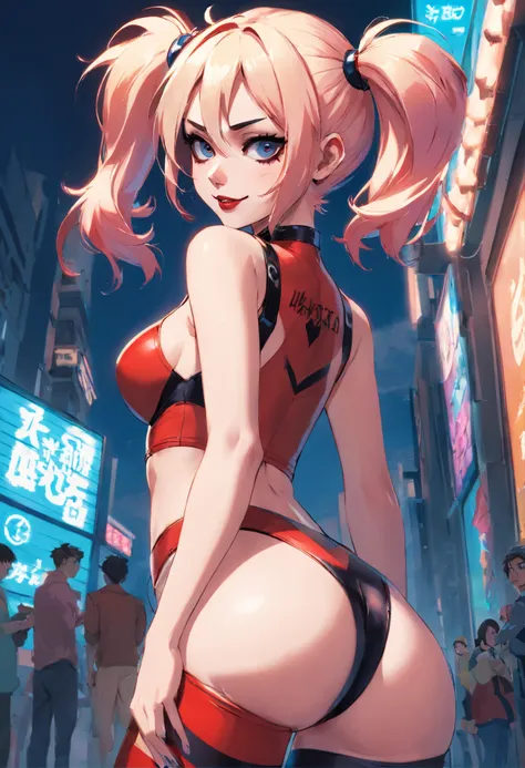 Harley Quinn、Full view of buttocks, beautiful legs, medium tits, Opening legs、pubick hair、Underhair、hair、droolng、squeezing breasts