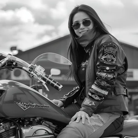 Araped woman sitting on a motorcycle in leather jacket, Photo of a female biker, biker, Motorcycle rider, Sitting on a motorcycle, B&W Photo, in door : Stephen Greene, Candid portraits, by Gavin Nolan, making: Natasha Tan, making: Mathias Kollros, Riding a...