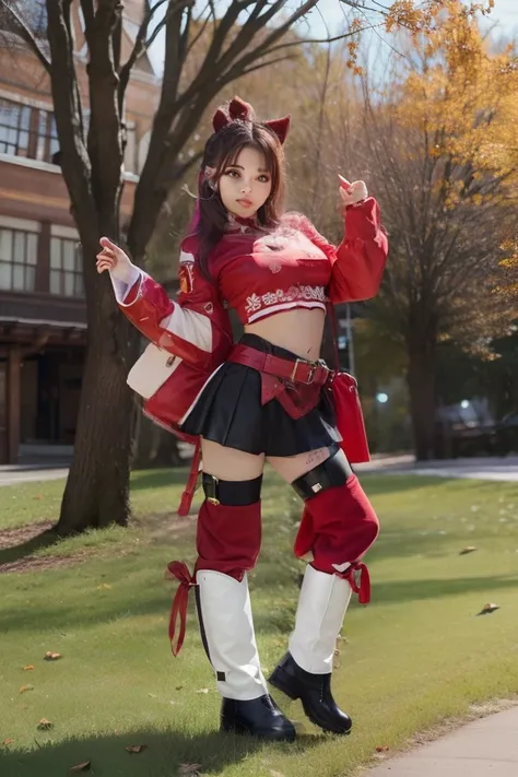 Cute look、infp young woman、large full breasts、beautiful foot、Colorful hair、、Good Style、Tops、a miniskirt、、long boots、Crimson Costume