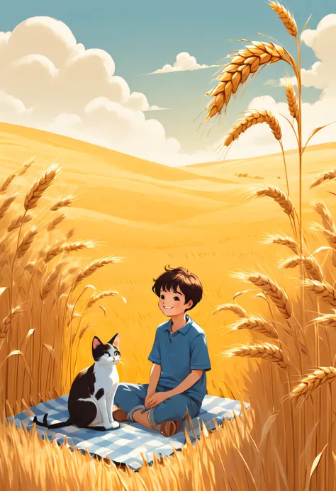 （Golden section composition），（Golden ratio），（A boy with：1.5），Sit in the shade of a golden wheat field，Play with 1 cat，Ears of wheat grow tall，ssmile，The bird，grassy fields，Picnic cloth，blue-sky，baiyun，cartoony，Flat illustration，a warm color palette