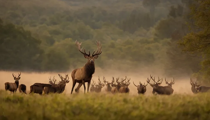 "Compose a 16:9 image that portrays a tense and dramatic wildlife encounter. Imagine a regal stag encircled by a pack of relentless hounds, with a vigilant huntsman in the background. The image should capture the moment of confrontation, emphasizing the st...