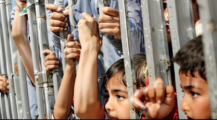 several palestinian children are holding their hands up behind bars of a fence, child prisoners, behind bars, detention centre, stood in a cell, cell bars, in jail, prison bars, in a prison cell, sitting in a prison, by Israel Tsvaygenbaum, in prison, by A...