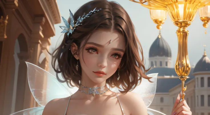 The fair fairy face is perfect, Light, Dressed in a dress，High-end cosmetics advertising Ultra detailed, Face brown eye shadow, facial features, brown hair --auto