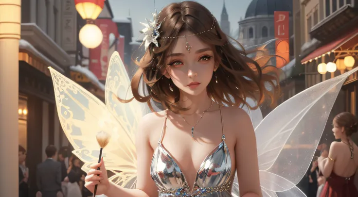 The fair fairy face is perfect, Light, Dressed in a dress，High-end cosmetics advertising Ultra detailed, Face brown eye shadow, facial features, brown hair --auto