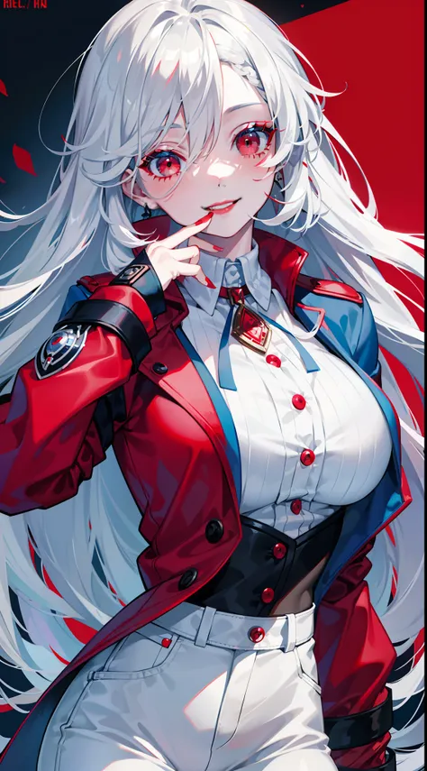 Adult woman, long gray hair, red eyes, red eyeshadow, blue lipstick, blue jacket, white pants , large breasts, Smile, Masterpiece, hiquality, 4k, HD, Good detail