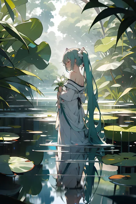 1girl, hatsune miku, solo, dress, flower, long hair, white dress, twintails, very long hair, holding, white flower, water, wadin...