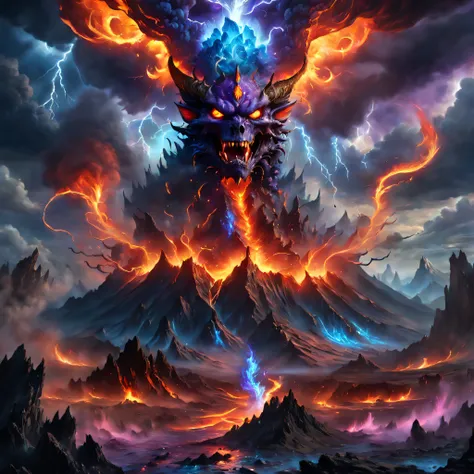 Doomsday landscape，a volcano erupts，fire glow，blasts，molten lava，A devils face emerged from the smoke，Liquid lava，Paired with purple and blue, fantasy highly detailed, With gorgeous magic lightning rings, magia, beautiful detailed fantasy, hyper-high detai...