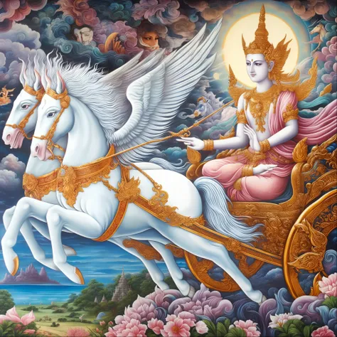 painting of a white horse with a man riding in a chariot, woman riding a flying unicorn, by Caroline Chariot-Dayez, thailand art, chariot, tarot card the chariot, beautiful godrays, beautiful depiction, goddess of love and peace, by Sasha Putrya, mythologi...