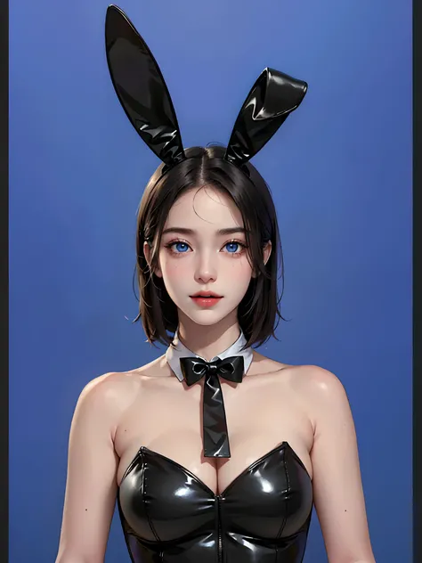 ((((masterpiece, best quality, high resolution)))), (1girl:1.5), black hair, bob cut, blunt bangs, (blue eyes: 1.5), (large breasts: 1.2), cleavage, blush, light smile, parted lips, glow, thighs, bare shoulders, collarbone, narrow waist, cleavage, (beautif...