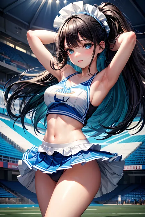 masterpiece, best_quality, 1girl, solo, black hair, sexy sea blue and white cheerleader outfit, football field background, hands behind head, ((masterpiece))