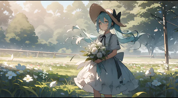 1girl, flower, dress, solo, hat, white dress, long hair, bouquet, white flower, holding, outdoors, field, white headwear, flower field, holding bouquet, skirt hold, standing, sun hat, ribbon, holding flower, hatsune miku, bow, aqua hair,light,sunlight,