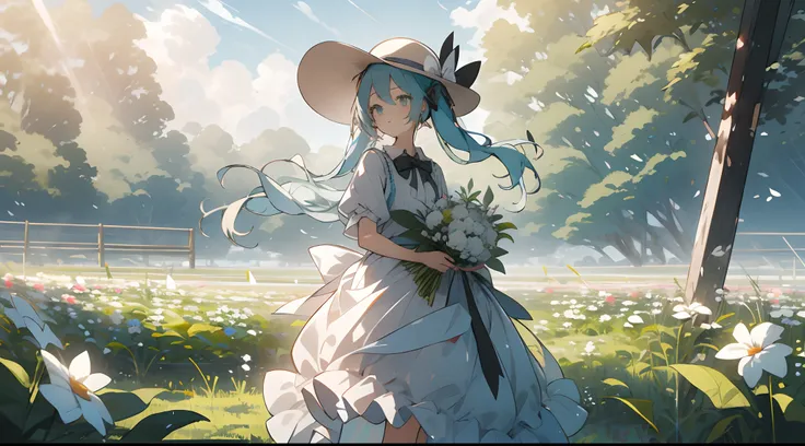 1girl, flower, dress, solo, hat, white dress, long hair, bouquet, white flower, holding, outdoors, field, white headwear, flower...