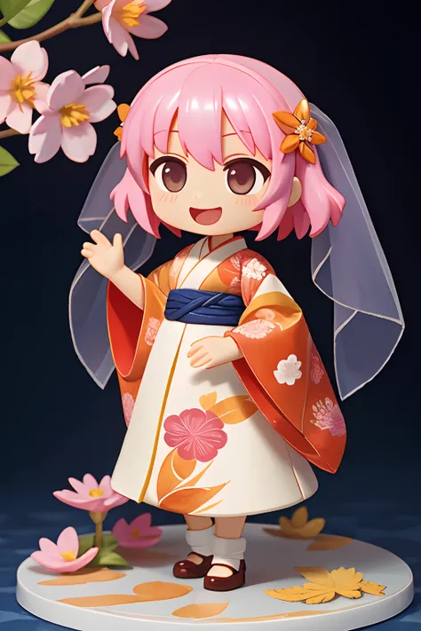 photoRealstic、Nedroid in wedding dress arranged in kimono standing in front of the painting、Open mouth and big smile、watercolor Nendoroid、(High Definition Figure)、Flowing iridescent silk、up of face、Eye Up、Eyes are hearts、Floral dress、wave her hand、There ar...