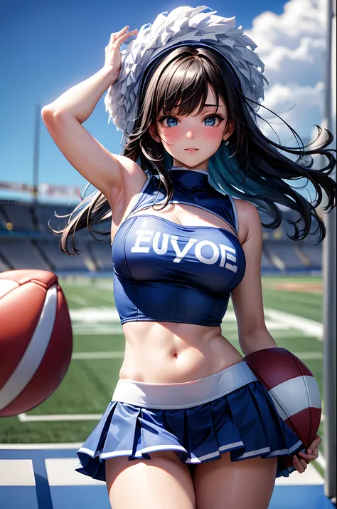 masterpiece, best_quality, 1girl, solo, black hair, sexy sea blue and white cheerleader outfit, football field background, sexy pose, blushing