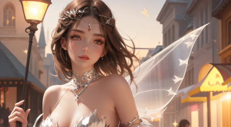 The fair fairy face is perfect, Light, Dressed in a dress，High-end cosmetics advertising Ultra detailed, Face brown eye shadow, facial features, brown hair --auto