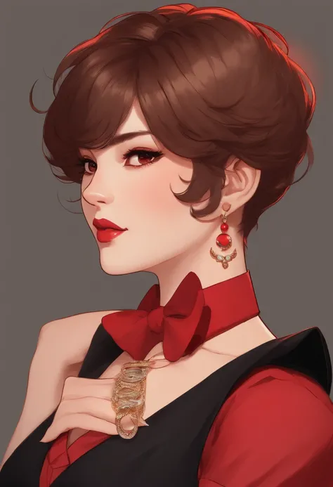 1 middle-aged woman fat, light brown pixie cut hair, wearing a black vest and trousers, a red shirt inside with a big bow tie, a watch, and big circle earrings, plain red background ,upper body, anime style