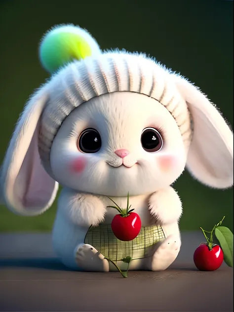 : 3. Rabbit, realistic, hairy, clothed animal, apple, dark circles, blush, cherry, food, fruit, full body, hat, non-human, strawberry, tomato, watermelon ,