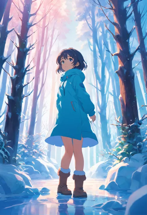 A little loli in the blue dreamy ice and snow forest