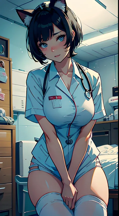 Best quality at best，1girll，comic character，with short black hair，There are cat ears，Nurses uniform，Pornographic，the shy，Big breasts that expose the，A look of enjoyment