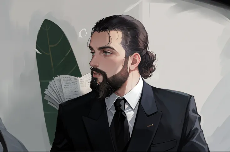 Il y a un homme avec une barbe et un costume et une cravate, queue de cheval et barbe, hair slicked back, avec une barbe et une veste noire, hair slicked back, inspired by Demetrios Farmakopoulos, inspired by Tomàs Barceló, Curly beard, Asher Duran, avec u...