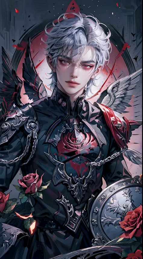 ((4K works))、​masterpiece、（top-quality)、((high-level image quality))、((One Beautiful Fallen Angel Man))、((King of Fallen Angels))、Slim body、((Vampire Black Y-Shirt Fashion))、(Detailed beautiful eyes)、((Red roses and crows on fantastic black background))、In...