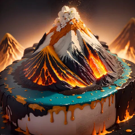 mediating: Oil painting, Soft lighting and warm tones, flower garden in the background，flowers blooming, ((Cake in the shape of a volcano))，Orange lava flows out, Mouthwatering texture, Best quality, A high resolution, Vivid colors, professional, Beautiful...