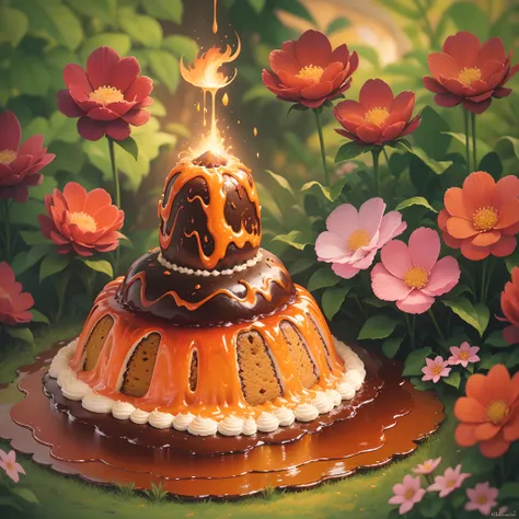 mediating: Oil painting, Soft lighting and warm tones, flower garden in the background，flowers blooming, ((Volcano-shaped cake))，Orange lava flows out, Mouthwatering texture, Best quality, A high resolution, Vivid colors, professional, Beautifully painted ...