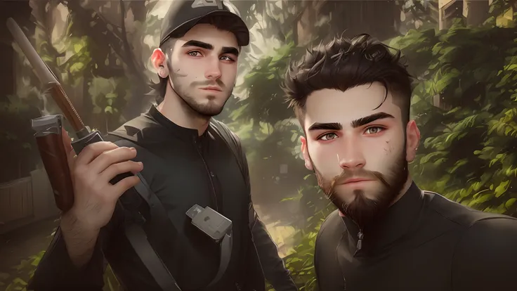 2 mans,age 20, short beard, ALL back hair, smoke, portrait, front view, serious face, Black hair, scar in right eye, Brown eyers, hacker, face Focus