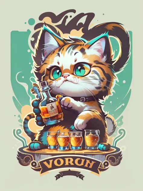 cat animal with whisky, cute style image, 3d style drawing, surrounded by vibraprint ready vector t-shirt design, (white background), side view, sticker, clean white background, professional vector, high detail, t-shirt design, vibrant.