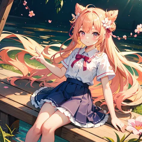 Half Bun Half Thumbnail Cute Girl Loli Ribbon Flower Short Sleeve Shirt Cute Long Girl Light Colored Hair Floating Sitting