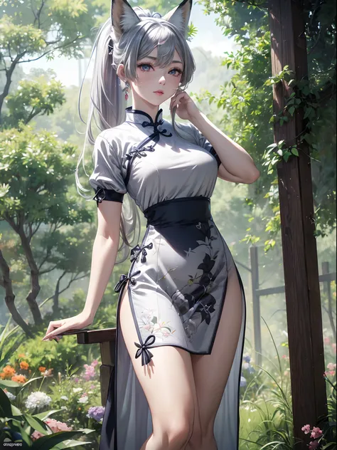 absurderes,(​masterpiece、top-quality、8K ),intricate detailes,ultra-detailliert、1 beautiful pale woman,(silber hair:1.2),((fox ear:1.3)),Long ponytail,Mega Ponytail,(qipao dress:1.3),thighs thighs thighs thighs、long eyelashes,(Beautiful and detailed eyes),G...