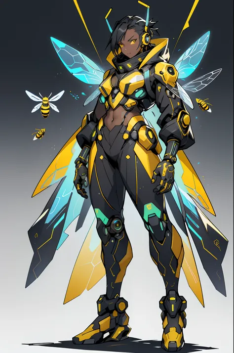 1 Anthropomorphism of bees, Full body standing painting，Solo, (tmasterpiece，top Quority，best qualtiy), ((Anthropomorphism of bees)), 独奏, Holding a black and yellow stick, human structure bee concept art, character design contest winner, cyberpunk bee, Grea...