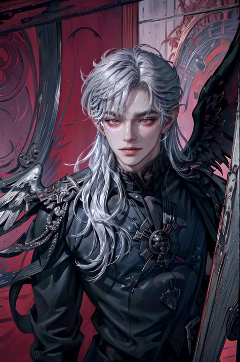 ((4K works))、​masterpiece、（top-quality)、((high-level image quality))、((One Beautiful Fallen Angel Man))、((King of Fallen Angels))、Slim body、((Vampire Black Y-Shirt Fashion))、(Detailed beautiful eyes)、((Fantastic English corridor))、Corridors in an evil Engl...