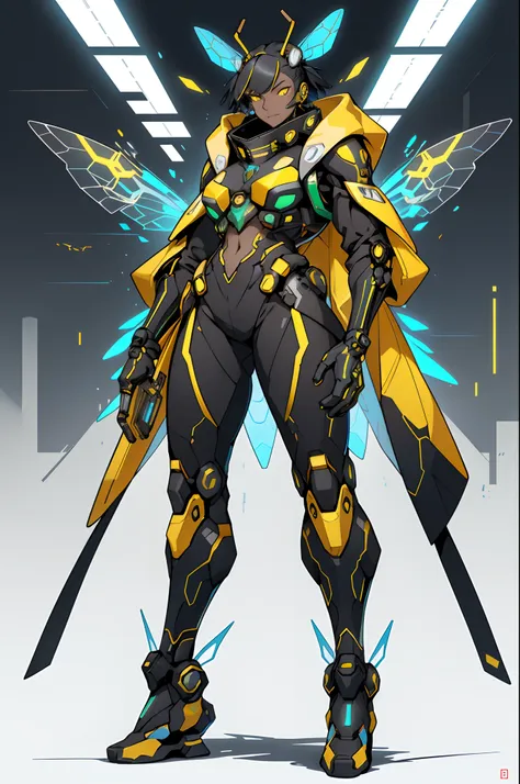 1 Anthropomorphism of bees, standing full-body，Solo, (tmasterpiece，top Quority，best qualtiy), ((Anthropomorphism of bees)), 独奏, Holding a black and yellow stick, human structure bee concept art, character design contest winner, cyberpunk bee, Great charact...