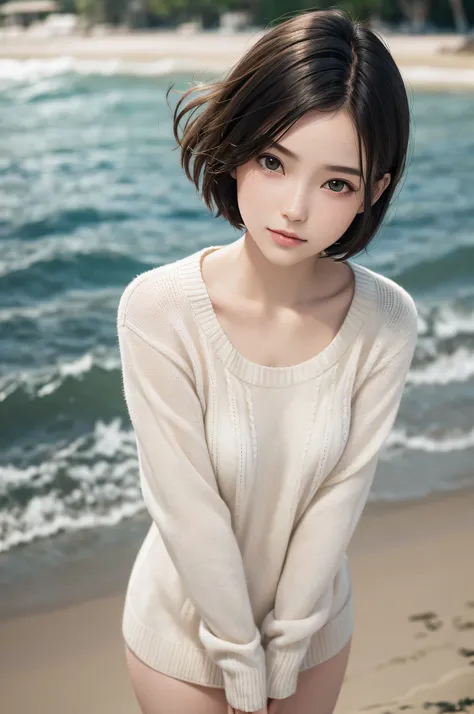 1girl, best quality, realistic, solo, depth of field, natural lighting, daytime, alluring, beautiful face, clean, pure face, pale skin, cute, short hair, beach, sunshine,flat chest, tiny breast, full body, ((sweater,beautfully face)),