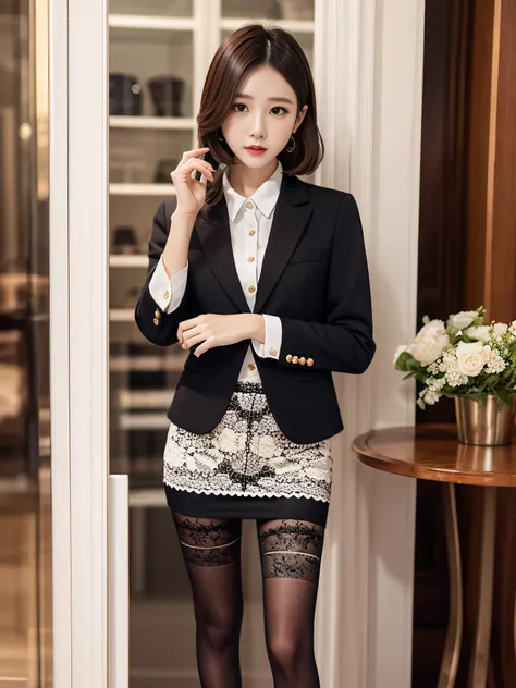 Charming beauties、Suit jacket、Black tight skirt、Glossy legs、Dyed in darkness、lacy fabric